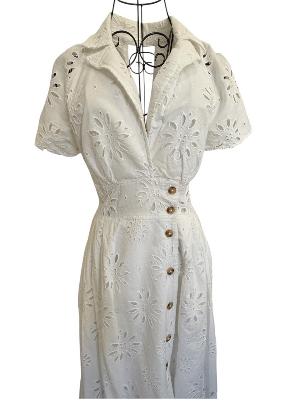 Maeve Anthropologie Eyelet Wrap Midi Dress XS White Cotton Resort Vacation - Picture 7 of 16
